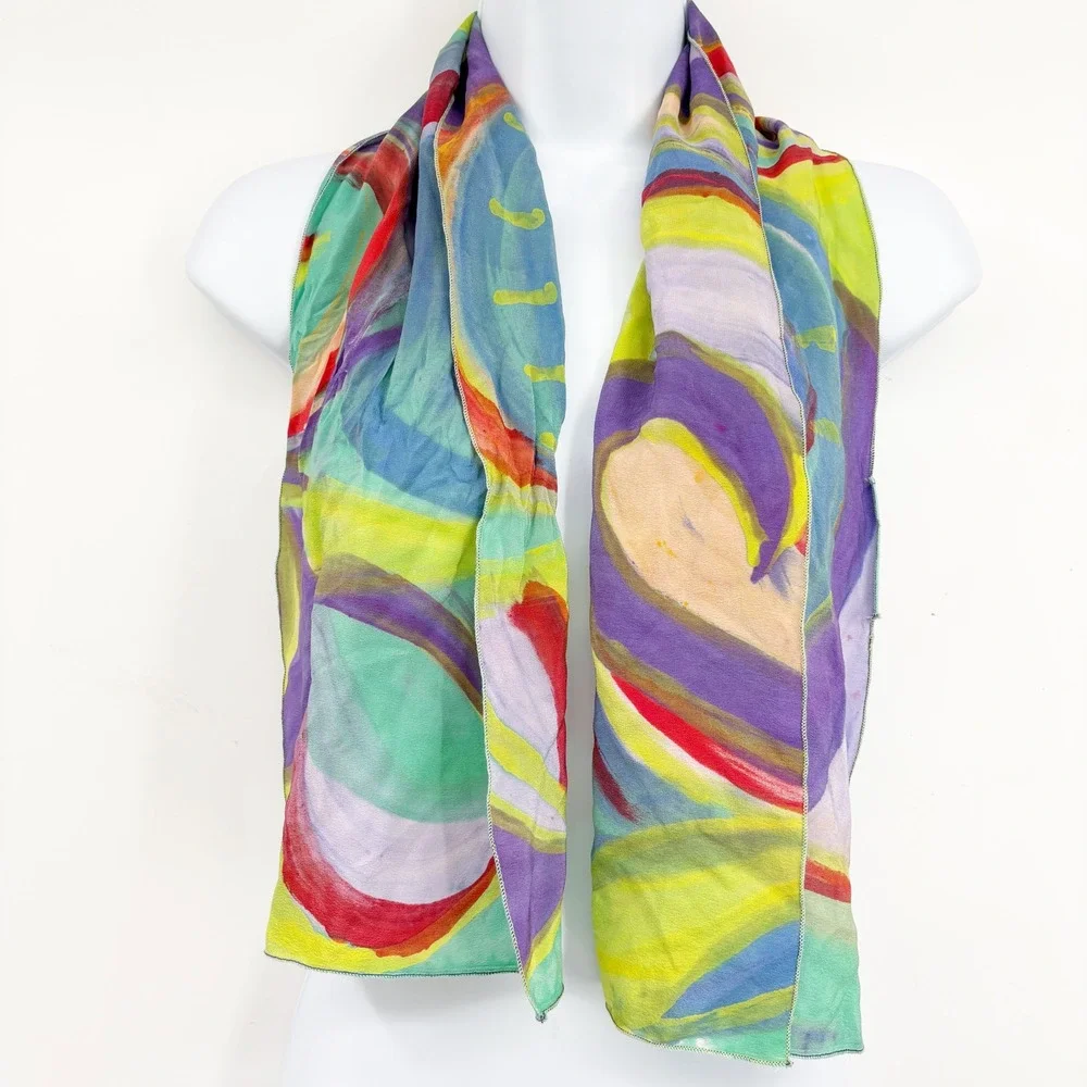 Zwear Womens Handpainted Silk Crepe de Chine Abstract Art Artistic Scarf 11 x 42